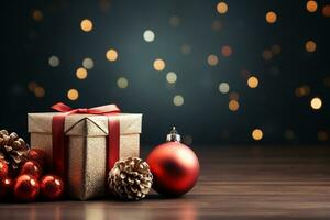 Ai Generative Background of christmas tree and red gift box on a christmas empty background with copy space photo