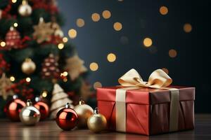 Ai Generative Background of christmas tree and red gift box on a christmas empty background with copy space photo