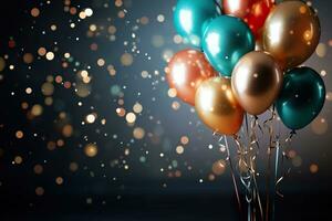 Colorful balloons on black background. Generative AI. photo