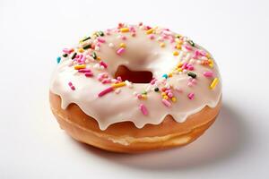 A tasty doughnut on white background. Generative AI. photo