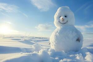 Snowman on the frozen snow background. Generative AI. photo