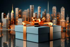 Gift box and city background. Generative AI. photo