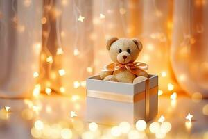 A gift box with bear doll. Generative AI. photo