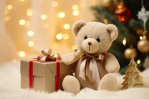 A gift box with bear doll on bed. Generative AI. photo