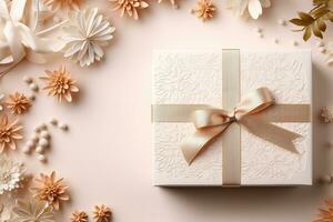 Gift box with ribbon and flowers on beige background.. Generative AI. photo