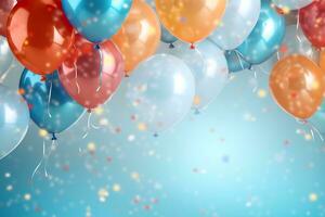 Balloons with confetti and ribbons on blue background. Generative AI. photo