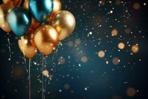 Colorful balloons on black background. Generative AI. photo