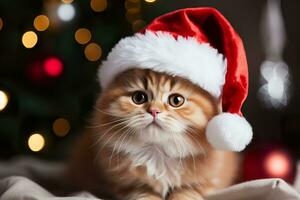 A cute Santa Claus cat on bokeh background. Generative AI. photo