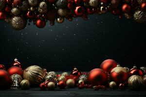Ai Generative Christmas banner with copy space for text, santa claus celebrate with giftboxes, fir tree branches and red ornaments, dark color background photo