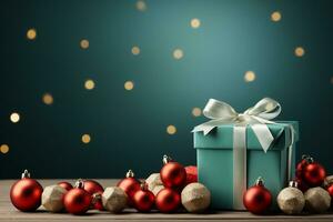 Ai Generative Background of christmas tree and red gift box on a christmas empty background with copy space photo