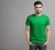 Young man wearing blank green t shirt mockup print presentation mockup ai generate photo