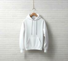 Hanging white hoodie Mockup With brick Background ai generate photo