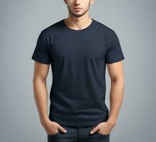 Young man wearing blank navy t shirt mockup print presentation mockup ai generate photo