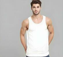 Young man wearing blank white tank top mockup print presentation mockup ai generate photo