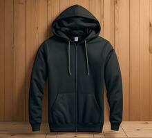 Black hoodie Mockup With Wooden Background ai generate photo