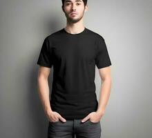 Young man wearing blank black t shirt mockup print presentation mockup ai generate photo