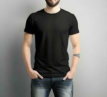 Young man wearing blank black t shirt mockup print presentation mockup ai generate photo