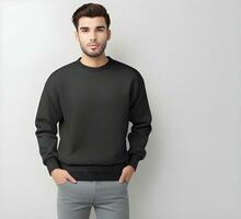 Young man wearing blank black sweater mockup print presentation mockup ai generate photo