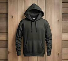 Black hoodie Mockup With Wooden Background ai generate photo