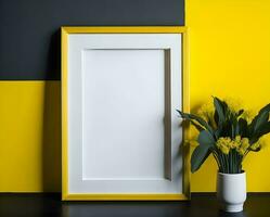 White blank frame mockup on yellow wall and flower ai generate photo
