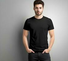 Young man wearing blank black t shirt mockup print presentation mockup ai generate photo