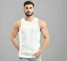 Young man wearing blank white tank top mockup print presentation mockup ai generate photo