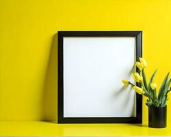 White blank frame mockup on yellow wall and flower ai generate photo