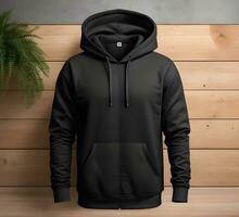 Black hoodie Mockup With Wooden Background ai generate photo