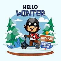 Cute monkey ridding kick scooter in winter season vector