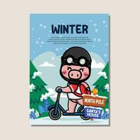 Poster template for winter with cute pig vector