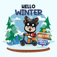 Cute deer ridding kick scooter in winter season vector