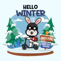 Cute rabbit ridding kick scooter in winter season vector