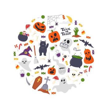 Halloween traditional symbols set. Round shaped holiday background composition. Colorful festive elements of american october celebration. Spooky season hand drawn flat vector illustration isolated