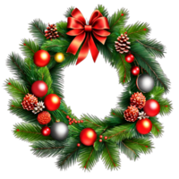 Christmas wreath with leaf , flower, ribbon and lights  isolated on transparent background PNG AI Generative