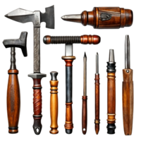 Set of old realistic hammer and sledge hammers with rubber and wooden handles hitting tools isolated on transparent background AI Generative png