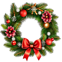 Christmas wreath with leaf , flower, ribbon and lights  isolated on transparent background PNG AI Generative