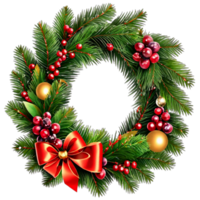 Christmas wreath with leaf , flower, ribbon and lights  isolated on transparent background PNG AI Generative