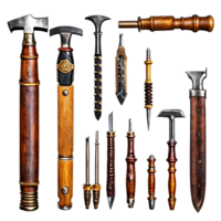 Set of old realistic hammer and sledge hammers with rubber and wooden handles hitting tools isolated on transparent background AI Generative png