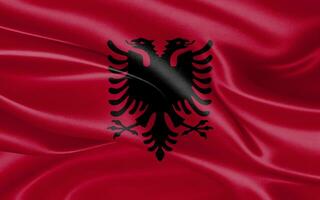 3d waving realistic silk national flag of Albania. Happy national day Albania flag background. close up photo
