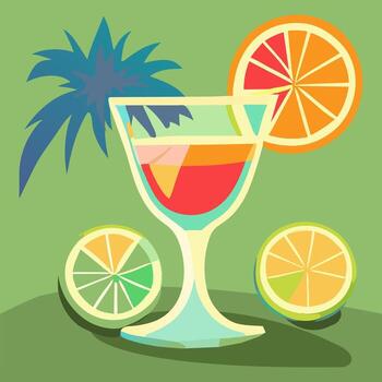 Illustration of a cocktail in a glass. Drink in a glass with a straw and an abstract palm tree in a glass. Vector flat illustration of a summer citrus cocktail on a bright background. Abstract drinks