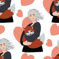 The pattern is a blonde girl with a fox in her hands on a white background with a heart. A girl with an animal caring for her neighbor. Animals in the hands of a blonde. Portrait of a cartoon girl vector