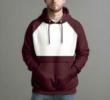 Young man wearing blank maroon hoodie mockup print presentation mockup ai generate photo