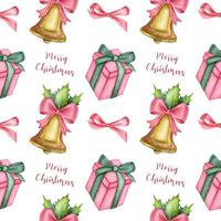 Watercolor Christmas pattern with a present, red bow, Merry Christmas inscription and a bell on the white background. Retro watercolor Christmas pattern. photo