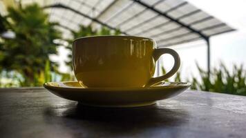 coffee in a yellow cup in the park photo