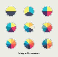 Infographic elements. Pie charts with thin line arrows. Set of flat pie charts with 2, 3, 4, 5, 6, 7, 8, 9, 10 steps, options, parts, processes. Vector business templates for presentation.