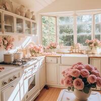 beautiful cottagecore kitchen full of roses watercolor clipart illustration, AI Generated, AI Generated photo