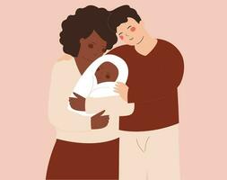 African American mother and Caucasian father hug their baby with love. Couple or parents embrace their newborn child. Successful marriage, happy home, family love and positive parenting concept. vector