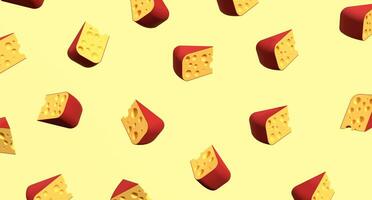 Pieces of cheese icon. Cheese pieces on yellow background. 3D render of a cheese. Cheese concept. Banner with food. 3D rendering photo