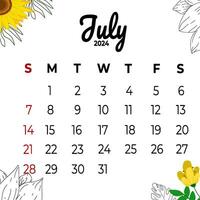 calendario julio 2024 con estético flores vector