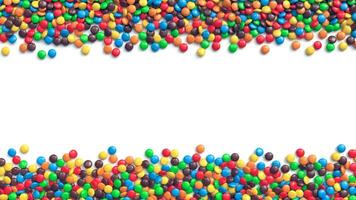 Double border of colorful coated chocolate candies on white background 3d rendering photo